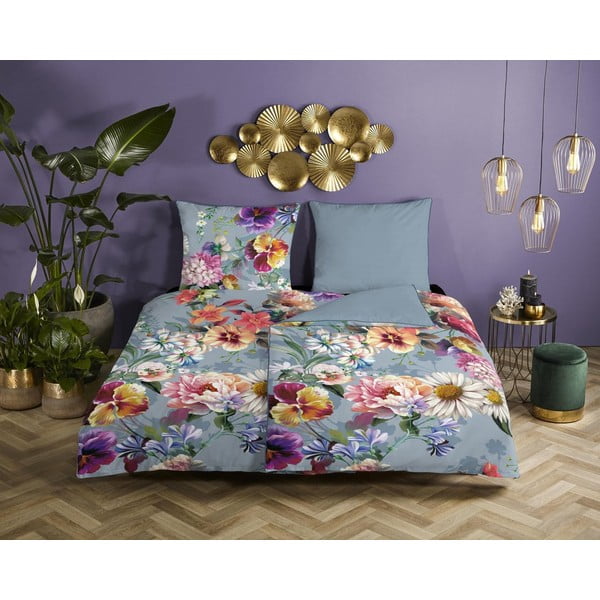 Lenjerie de pat din bumbac organic pentru pat de o persoană Descanso Sunflower, 140 x 220 cm, gri-image-1