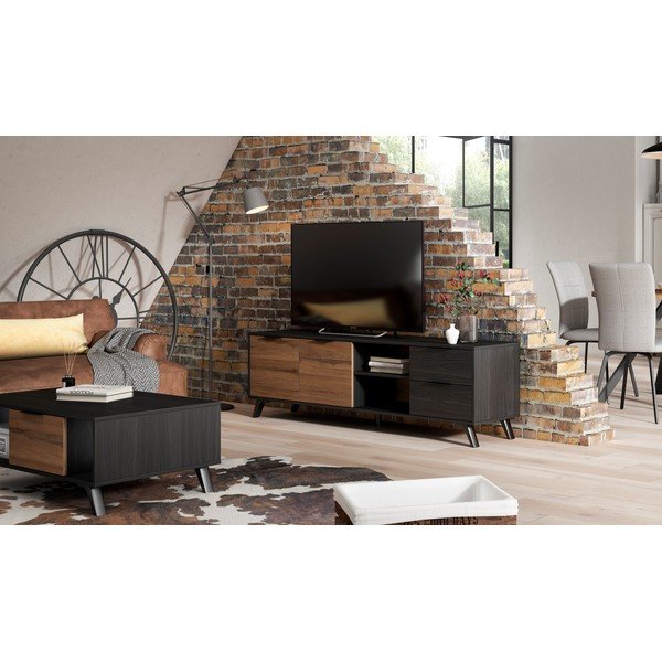 Comodă TV  negru/natural  cu aspect de lemn de nuc 181x53 cm Noe – Marckeric-image-1