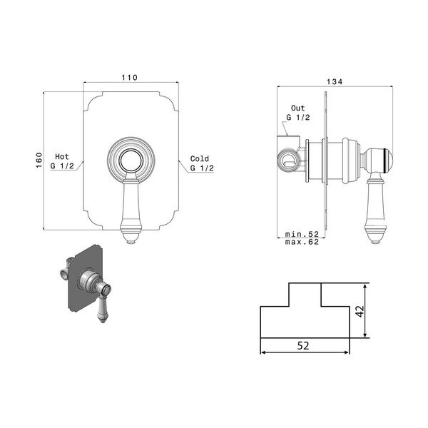 Baterie în culoarea bronzului pentru duș încastrată (1 ieșire) Vienna – Sapho-image-1