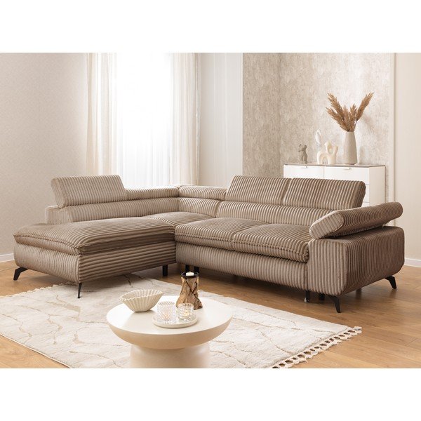 Colțar maro cu tapițerie din catifea reiată  (cu colț pe partea stângă/în formă de ”L”) Marbeya  – Ropez-image-1