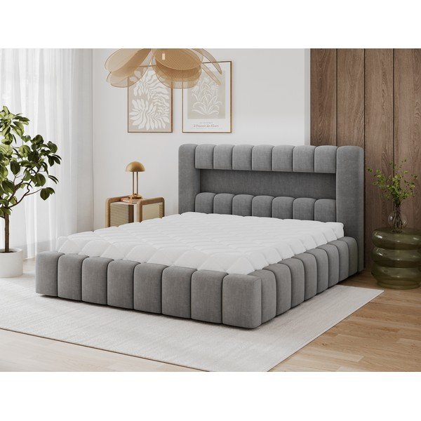 Pat matrimonial gri tapițat cu spațiu de depozitare cu somieră 180x200 cm Lamica – ELTAP-image-2