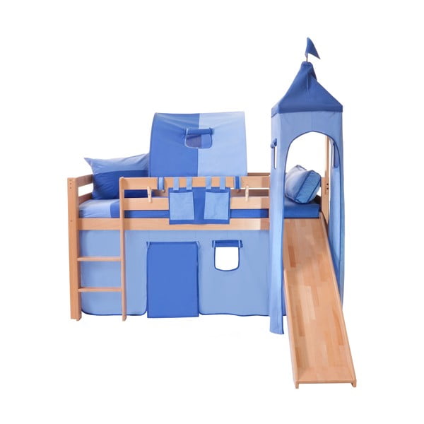 Pătuț cu tobogan pentru copii și set albastru din bumbac Mobi furniture Tom, 200 x 90 cm