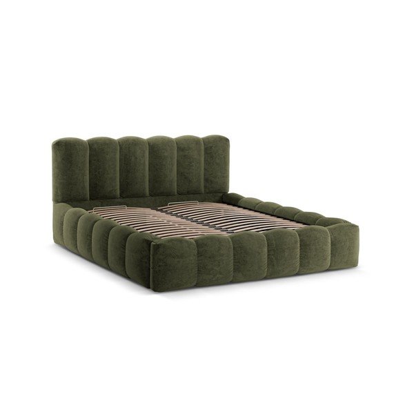 Pat matrimonial verde tapițat cu spațiu de depozitare cu somieră 160x200 cm Lupine – Micadoni -image-3