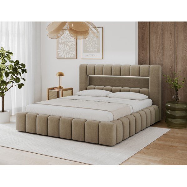 Pat matrimonial maro deschis tapițat cu spațiu de depozitare cu somieră 180x200 cm Lamica – ELTAP-image-3