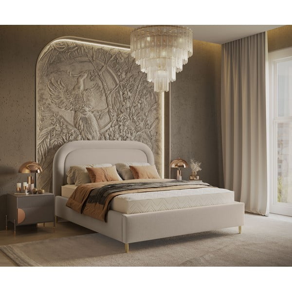 Pat matrimonial bej tapițat cu spațiu de depozitare cu somieră 140x200 cm Mija – Maison de Rêve-image-1