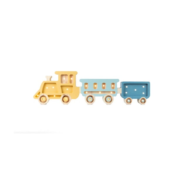 Veioză galbenă-albastră din lemn de pin Little Lights Train, lungime 58 cm