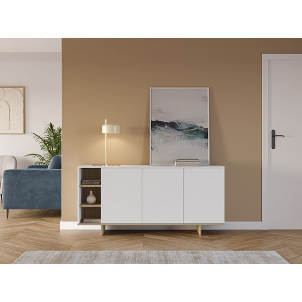 Comodă albă joasă cu aspect de lemn de stejar 170x80 cm Cequoia – Marckeric-image-1