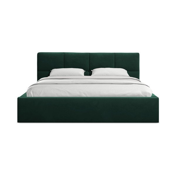 Pat matrimonial verde închis tapițat din catifea cu spațiu de depozitare cu somieră 140x200 cm Hiko – Makamii-image-3