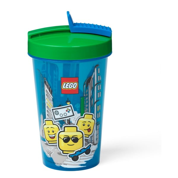 Pahar cu capac verde și pai LEGO® Iconic, 500 ml, albastru-image-2