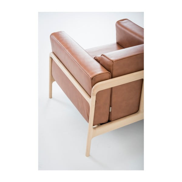 Fotoliu din piele bovină cu structură din lemn masiv de stejar Gazzda Fawn, maro cognac-image-4
