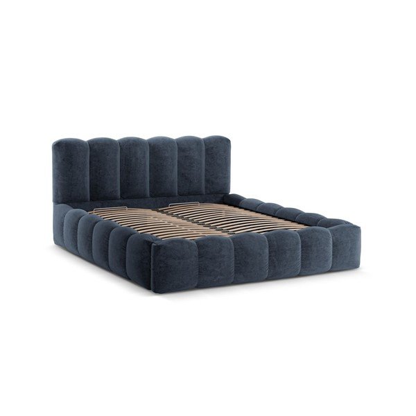 Pat matrimonial albastru închis tapițat cu spațiu de depozitare cu somieră 200x200 cm Lupine – Micadoni -image-3