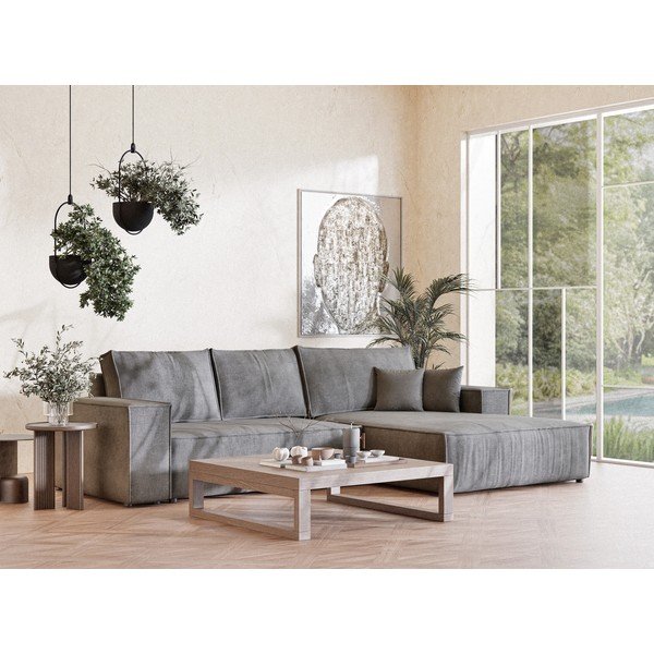 Colțar gri extensibil/cu spațiu de depozitare cu tapițerie din chenille (cu colț pe partea dreaptă/cu șezlong) Maze – Maison de Rêve-image-1