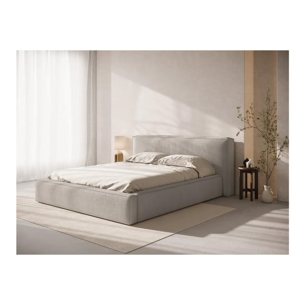 Pat matrimonial gri deschis tapițat cu spațiu de depozitare cu somieră 200x200 cm Simon Olivia – Micadoni -image-1