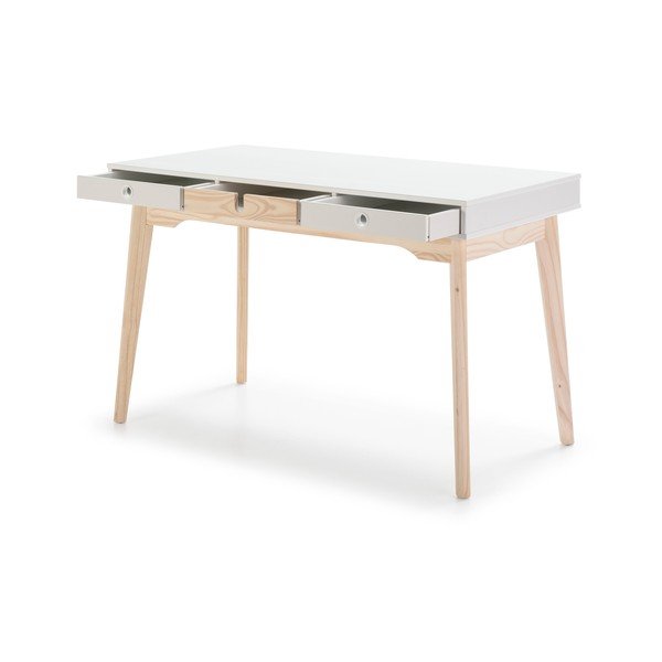 Birou cu picioare din lemn de pin Marckeric Kiara, alb-image-3