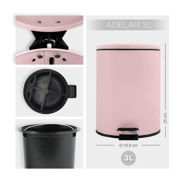 Coș de gunoi roz cu pedală din oțel 3 l   Adelar – Spirella-image-3