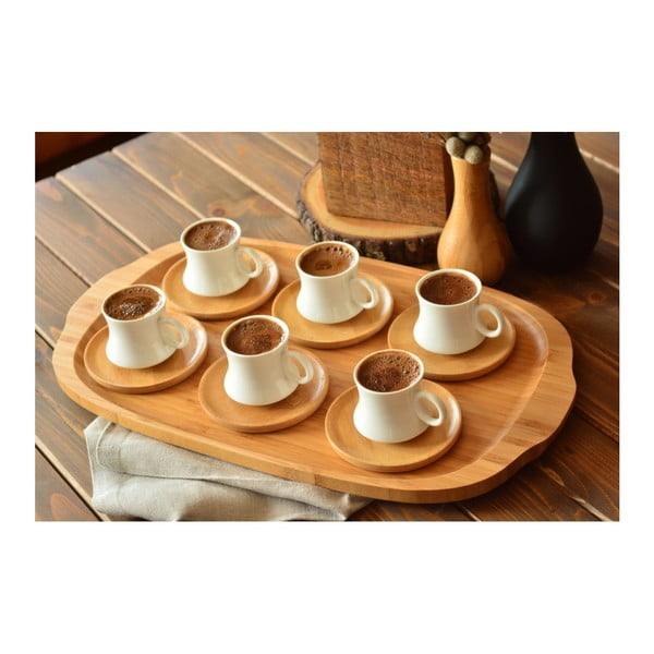 Set 6 cești din porțelan cu farfurioare din bambus Bambum Largi-image-2