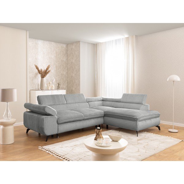 Colțar gri deschis cu tapițerie din catifea reiată  (cu colț pe partea dreaptă/în formă de ”L”) Marbeya  – Ropez-image-1