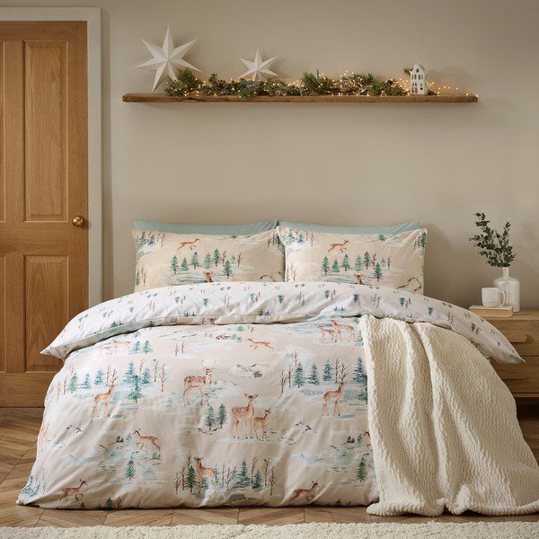 Lenjerie de pat în culoare naturală din flanelă pentru pat de o persoană 135x200 cm Brushed Christmas Deer – Catherine Lansfield