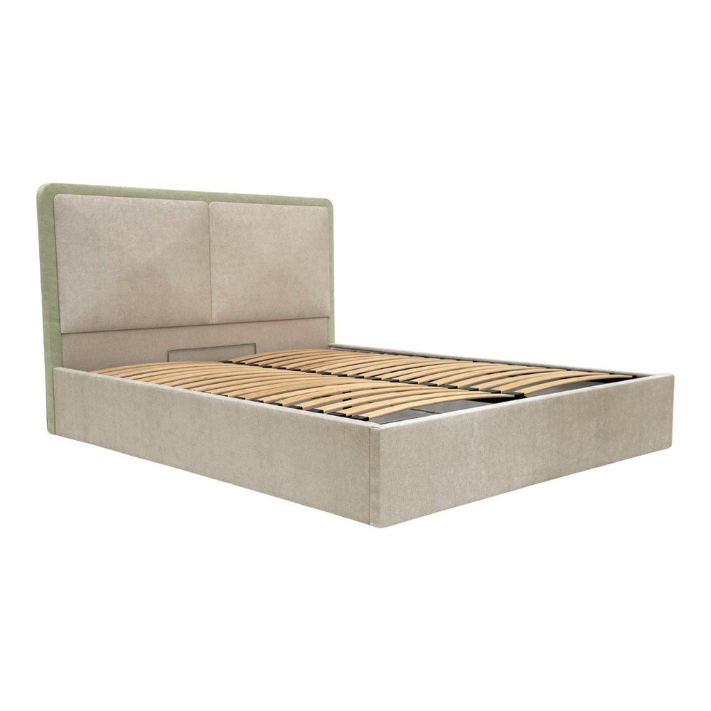 Pat matrimonial bej tapițat cu spațiu de depozitare cu somieră 180x200 cm Mara – Bobochic Paris