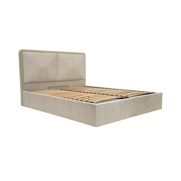Pat matrimonial bej tapițat cu spațiu de depozitare cu somieră 180x200 cm Mara – Bobochic Paris