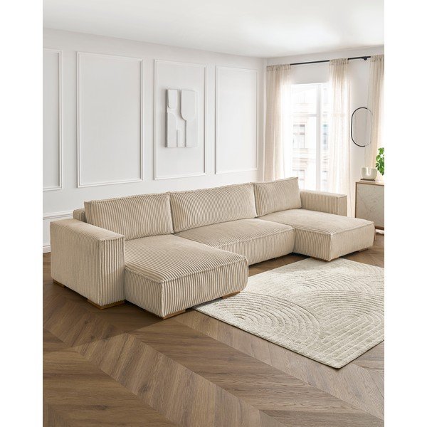 Colțar maro deschis extensibil/cu spațiu de depozitare cu tapițerie din catifea reiată  (în formă de "U") Chelsea – Bobochic Paris-image-1