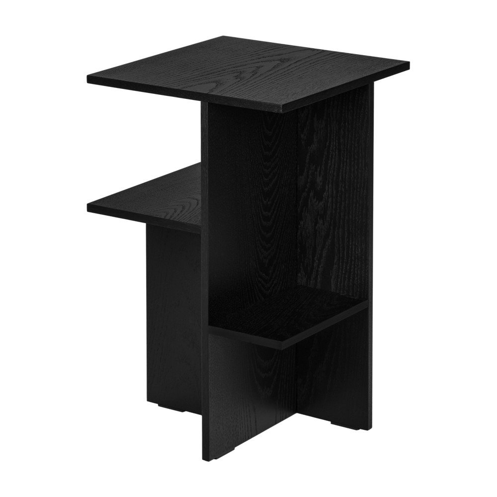 Noptieră neagră cu rafturi cu aspect de lemn de stejar Atik – noo.ma