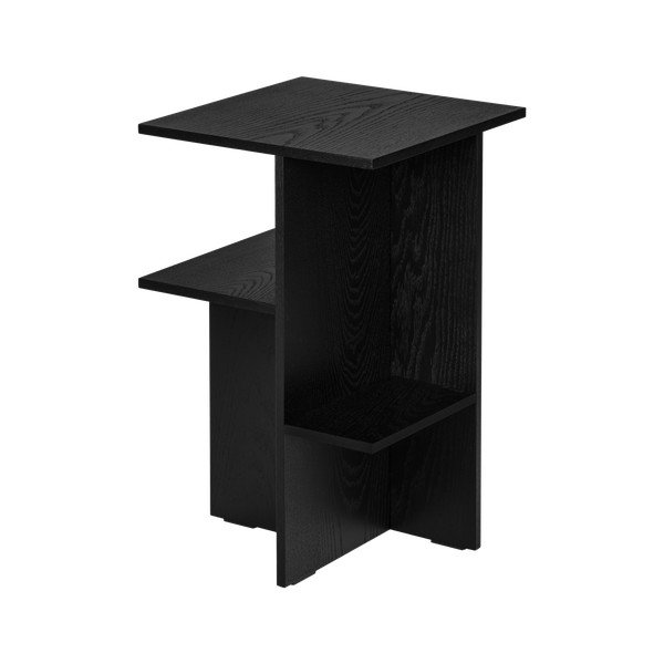 Noptieră neagră cu rafturi cu aspect de lemn de stejar Atik – noo.ma