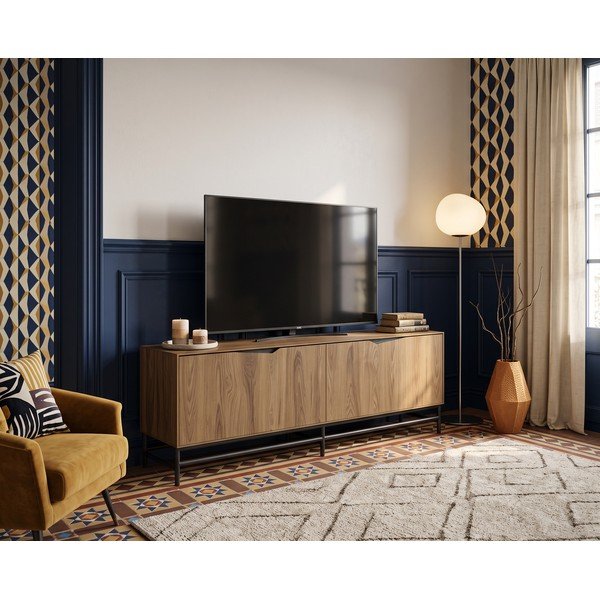Comodă TV neagră/în culoare naturală cu aspect de lemn de stejar 150x61x35 cm Aiden – Marckeric-image-1