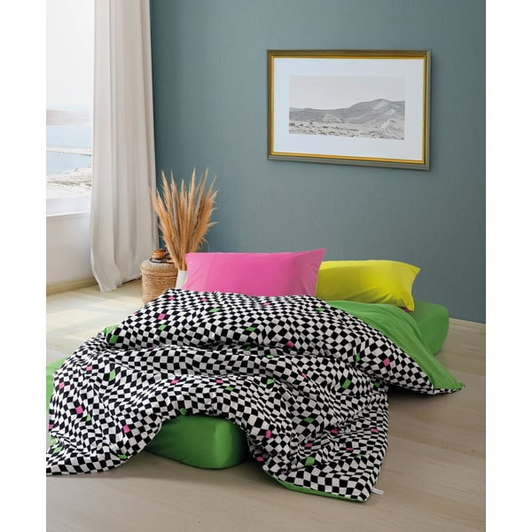 Lenjerie de pat alb-negru din bumbac ranforcé pentru pat dublu, extinsă, cu cearceaf inclus, cu 4 piese 200x220 cm Dazzle – Mijolnir-image-1