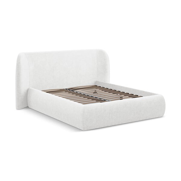 Pat matrimonial alb tapițat cu spațiu de depozitare cu somieră 180x200 cm Hauke – Makamii