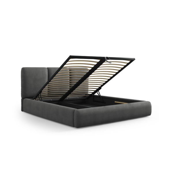 Pat matrimonial gri tapițat cu spațiu de depozitare și somieră 160x200 cm Brody – Mazzini Beds-image-2