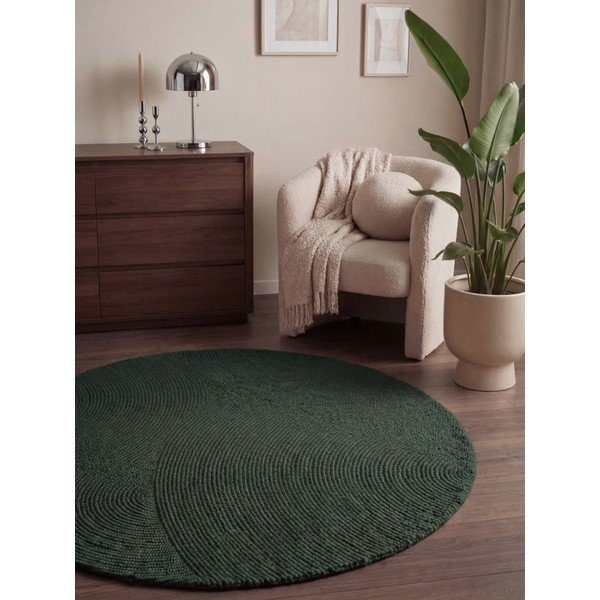 Covor verde închis țesut manual rotund din lână ø 150 cm Calmio – Hanse Home-image-1