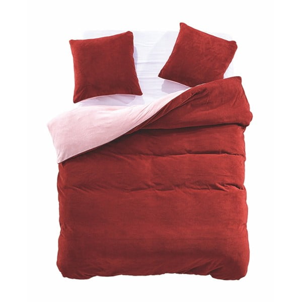 Lenjerie de pat din microfibră, 2 fețe, DecoKing Furry, 200 x 220 cm, roșu - bej 