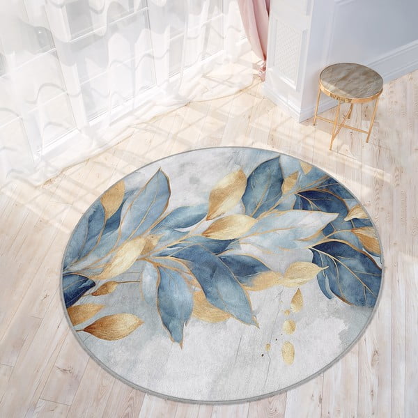 Covor albastru/auriu lavabil rotund ø 120 cm Golden Leaves – Mila Home-image-3