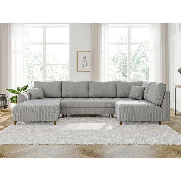 Colțar gri deschis cu tapițerie din catifea reiată  (colț stânga /în formă de "U") Ariella – Ropez-image-1