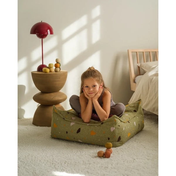 Fotoliu puf pentru copii verde cu tapițerie din țesătură bouclé/cu tapițerie din chenille Terrazzo Square – Wigiwama-image-4