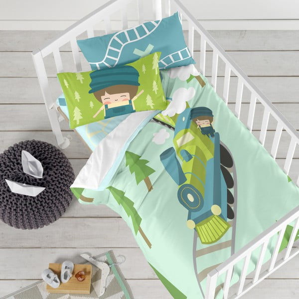 Lenjerie de pat din amestec de bumbac pentru copii Happynois Train, 115 x 145 cm-image-1