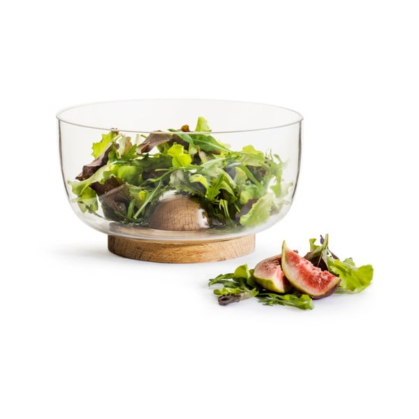 Bol din sticlă pentru salată, cu suport din stejar Sagaform Nature, ⌀ 18 cm