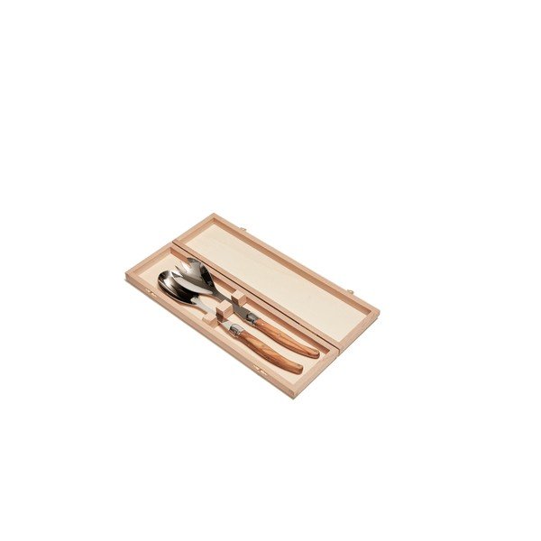Set 2 tacâmuri din inox pentru salată, suport din lemn Jean Dubost-image-1