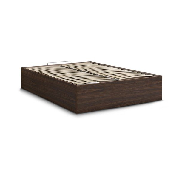Pat matrimonial maro închis din  placă aglomerată de lemn cu aspect de lemn de mesteacăn cu spațiu de depozitare/fără tăblie cu somieră 140x190 cm Mara – Bobochic Paris