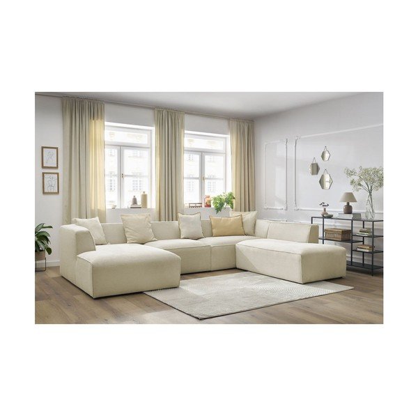 Colțar modular bej cu tapițerie din catifea reiată  (cu colț pe partea dreaptă/în formă de "U") Megeve – Bobochic Paris-image-1
