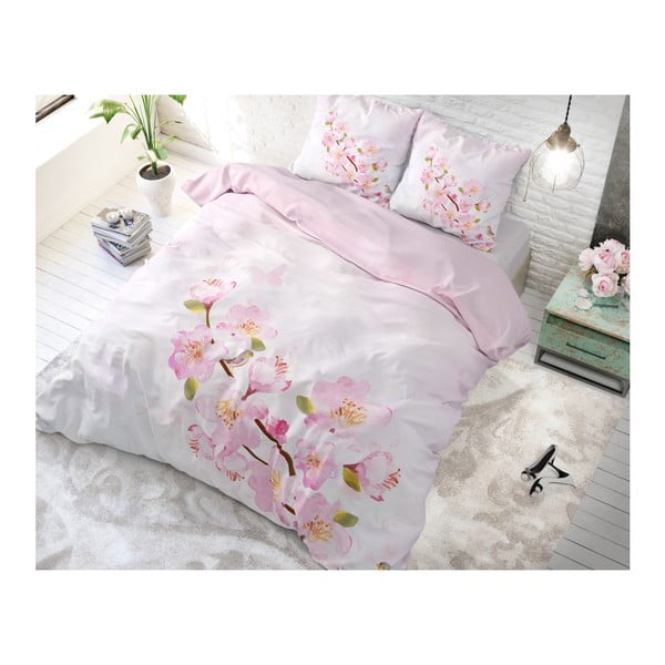 Lenjerie de pat din bumbac Sleeptime Sweet Flowers, 200 x 220 cm, roz