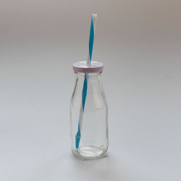 Sticlă cu pai și capac, Dakls 250 ml, alb - albastru