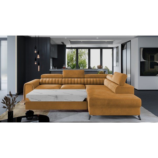 Colțar galben extensibil/cu spațiu de depozitare cu tapițerie din catifea (cu colț pe partea dreaptă/în formă de ”L”) Laurence – ELTAP-image-2