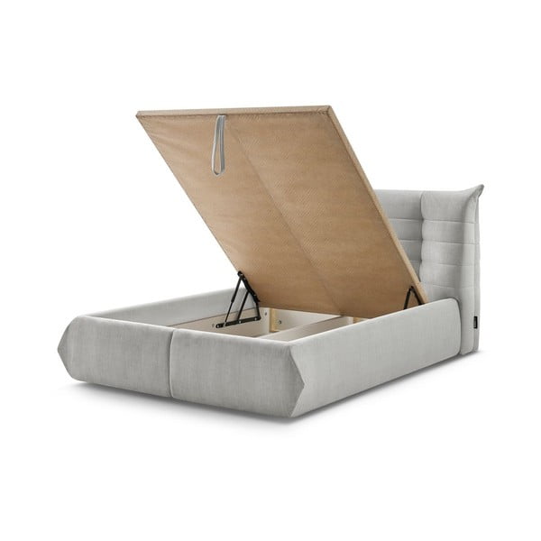 Pat matrimonial gri deschis tapițat cu spațiu de depozitare și somieră 160x200 cm Clothilde – Bobochic Paris-image-3