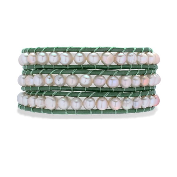 Brățară din piele cu perle Nova Pearls Copenhagen Néreus, verde închis-alb