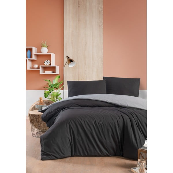 Lenjerie de pat neagră-gri din bumbac pentru pat dublu-extins și cearceaf 200x220 cm – Mila Home-image-1