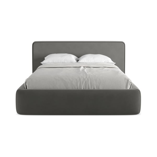 Pat matrimonial gri închis tapițat cu spațiu de depozitare cu somieră 160x200 cm Kiana – Makamii-image-4