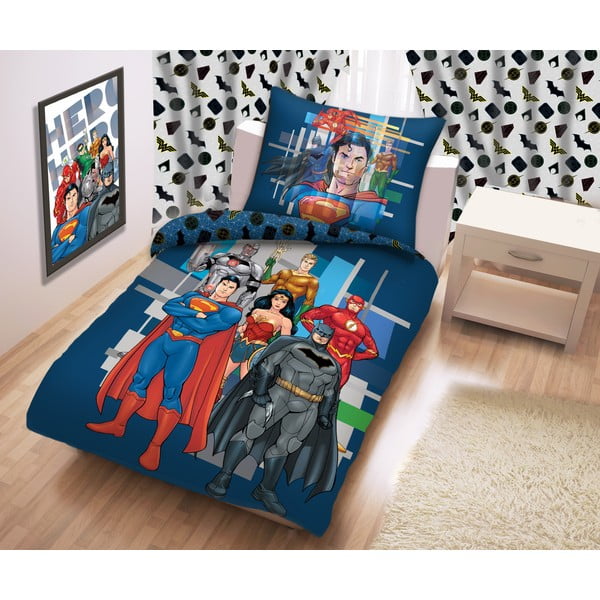 Lenjerie de pat din bumbac pentru copii Halantex Justice League, 140 x 200 cm, albastru
