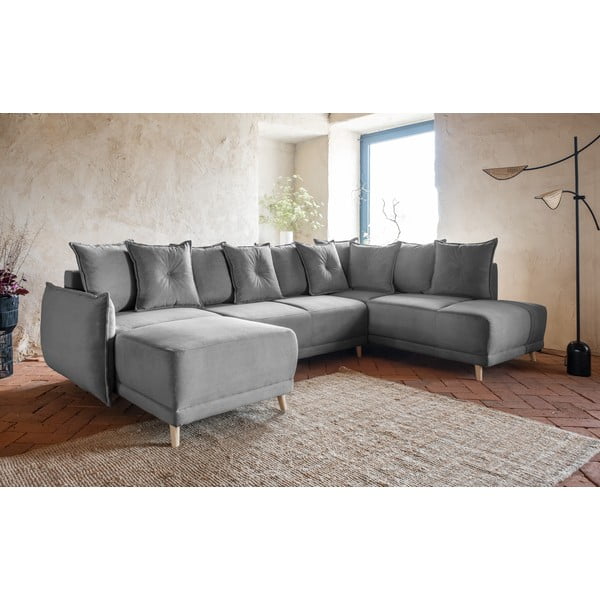 Colțar gri extensibil cu tapițerie din catifea reiată  (colț dreapta/în formă de "U") Lazy Lukka – Miuform-image-3